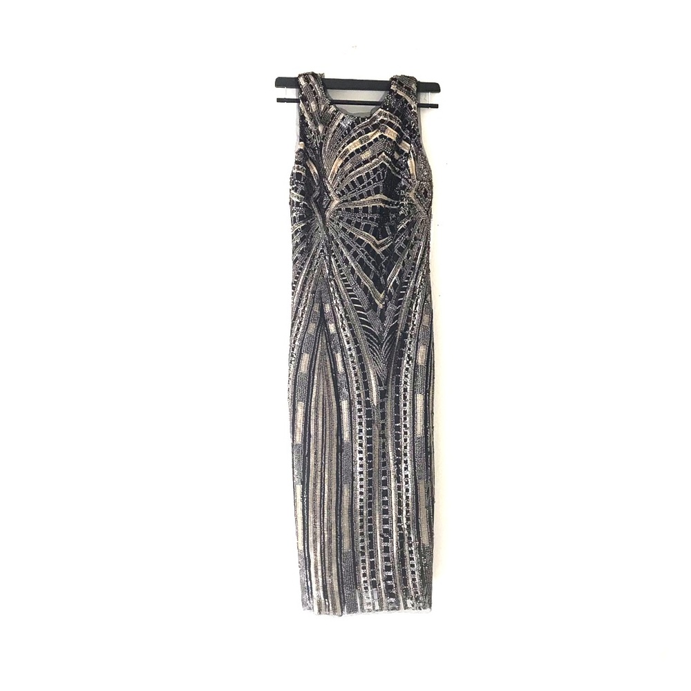 ZARA Midi, open back, black and gold sequin dress